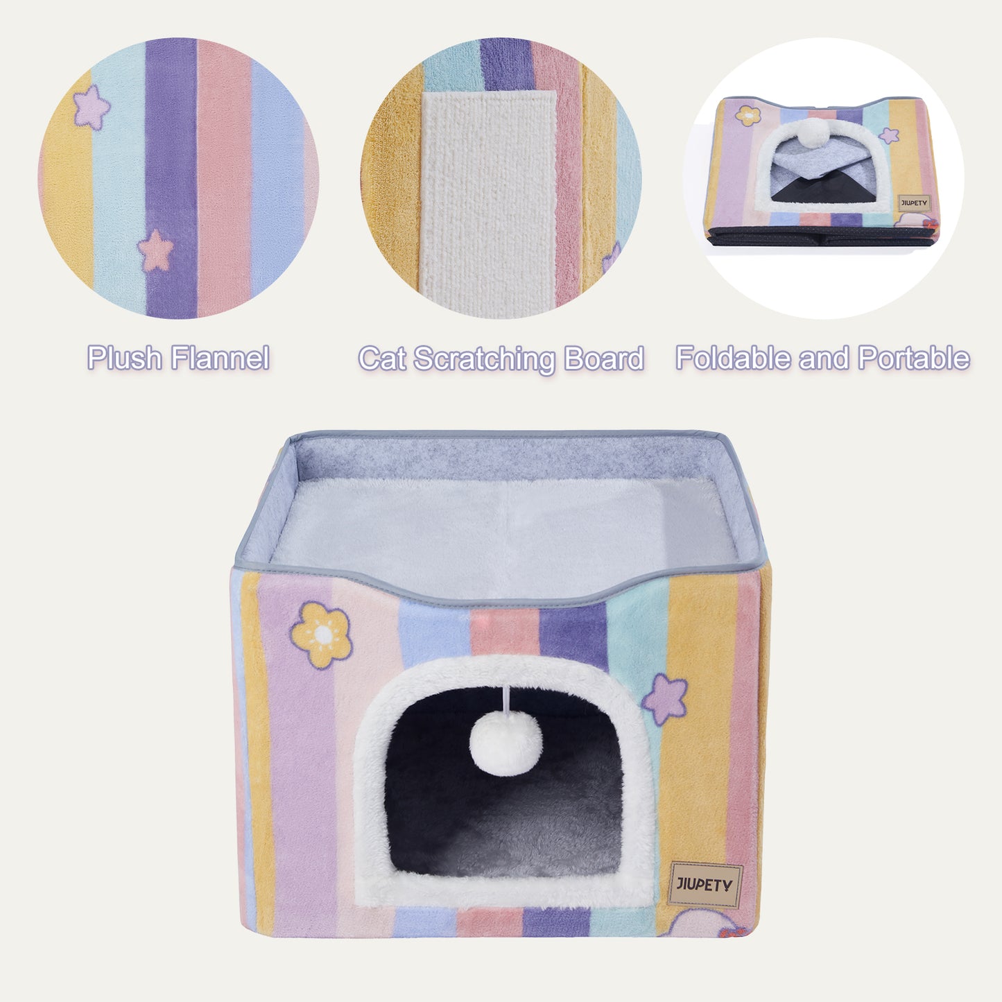 Foldable Cat Cube House - with Scratch Pad & Ball Toy