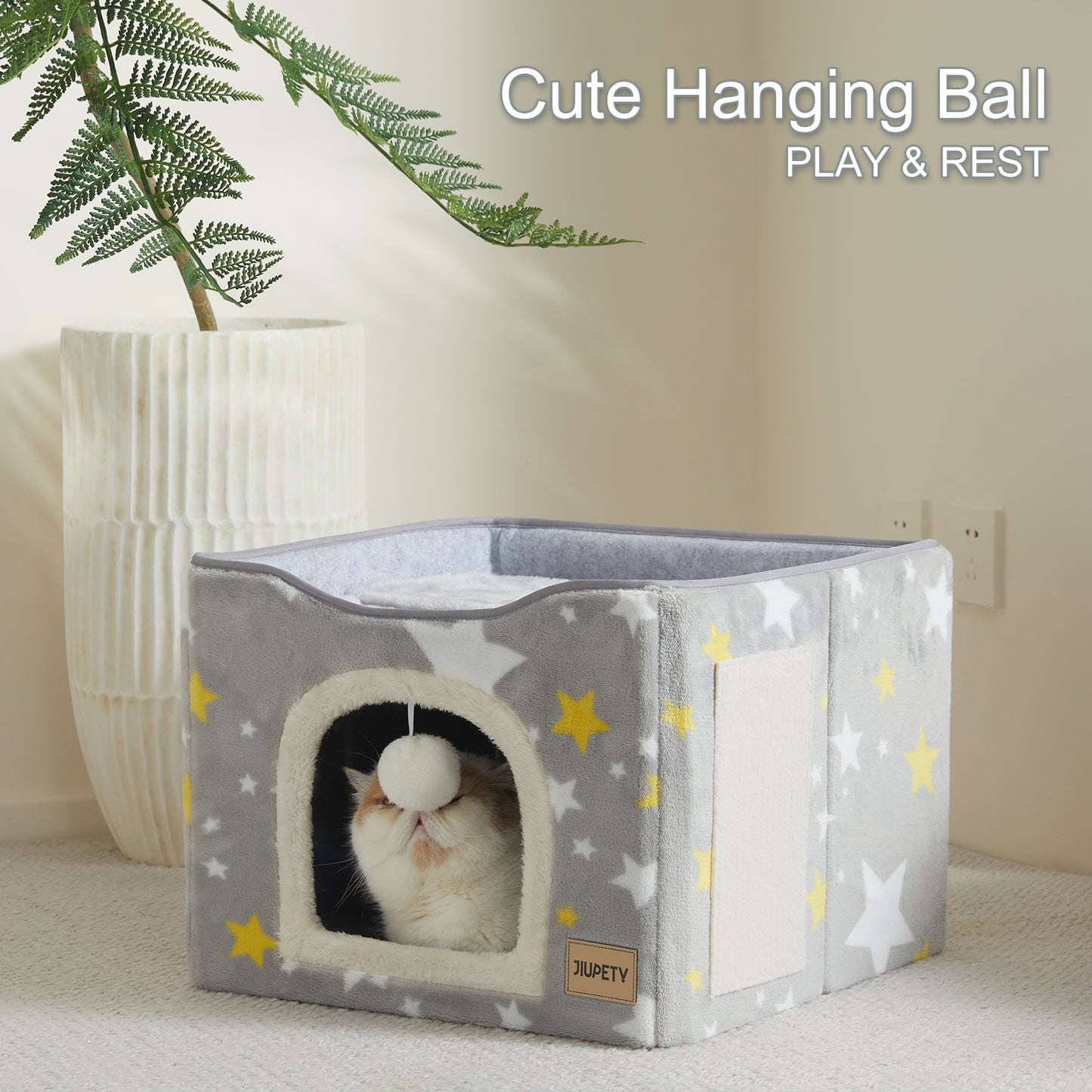 Foldable Cat Cube House - with Scratch Pad & Ball Toy