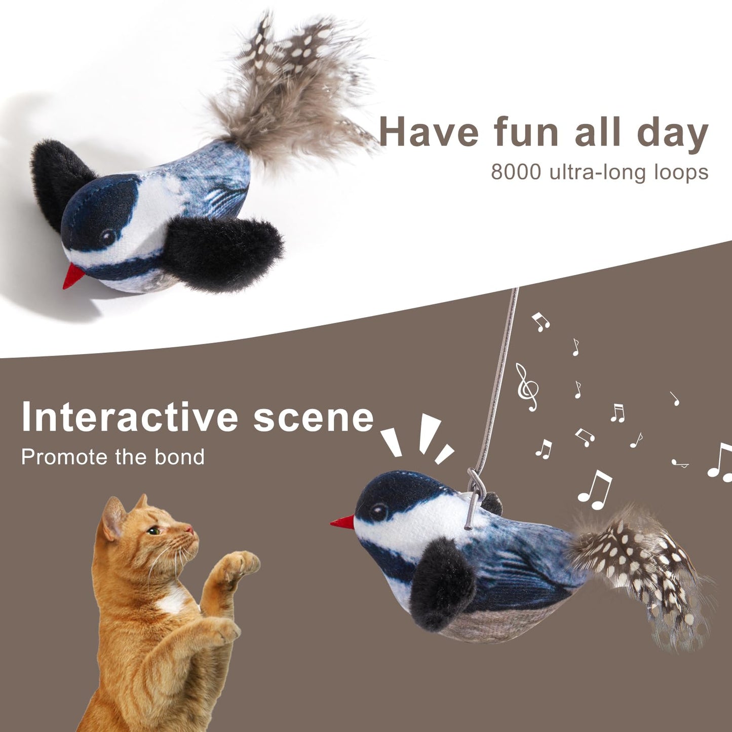 Automatic Chirping Bird Cat Toy - Interactive with Melody & Feather Tail