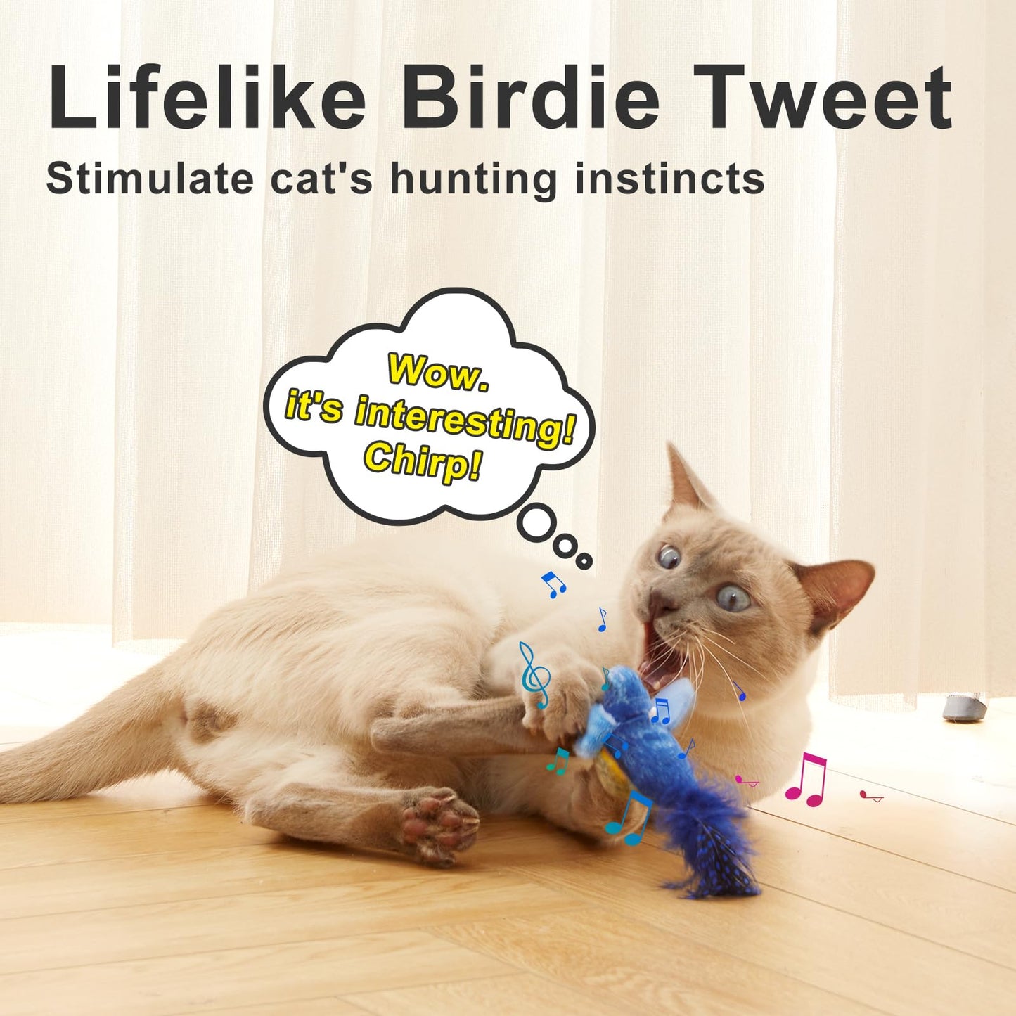 Automatic Chirping Bird Cat Toy - Interactive with Melody & Feather Tail