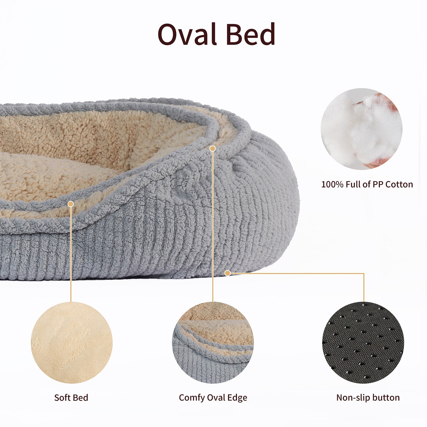 Oval Pet Bed - Cozy, Innovative Design, Plush Comfort, 100% PP Cotton Fill