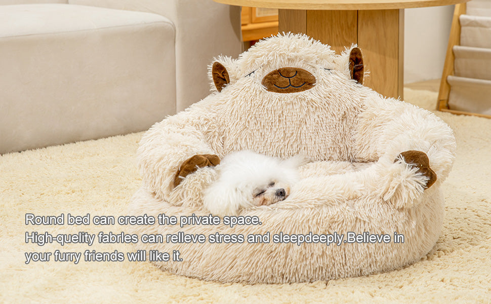 Camel Cozy Calming Donut Pet Bed - Plush, Cute Cartoon Puppy Design