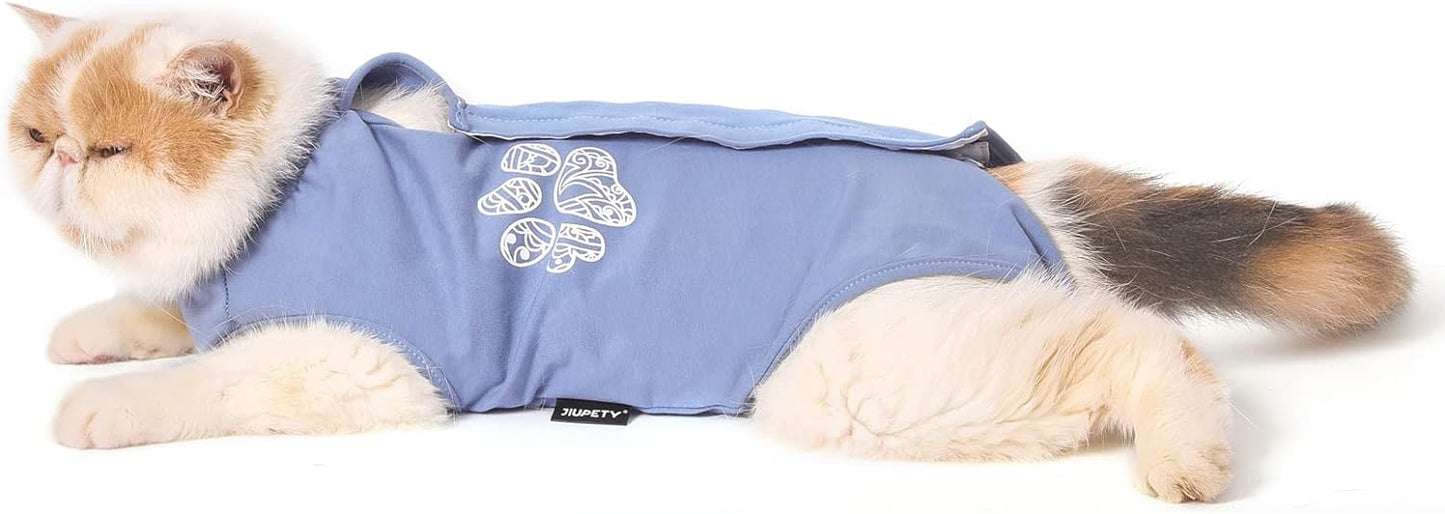 Cat Surgical Recovery Suit, Cat Bodysuit for Abdominal Wound after Surgery or Skin Diseases, Substitute E-Collar, M Size, Anti-Licking Surgical Cat Onesies, Blue & Paw.