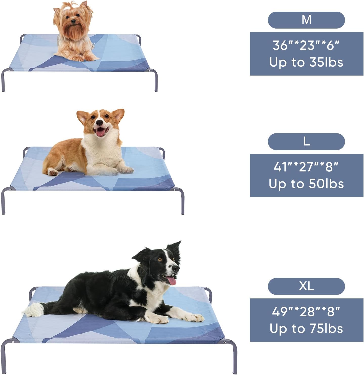 Elevated Cooling Outdoor Dog Bed, Durable Breathable Raised Dog Cots Beds, Portable Indoor & Outdoor Pet Hammock Bed for Extra Large Medium Small Dogs, M (36"×23"×6"), Blue.