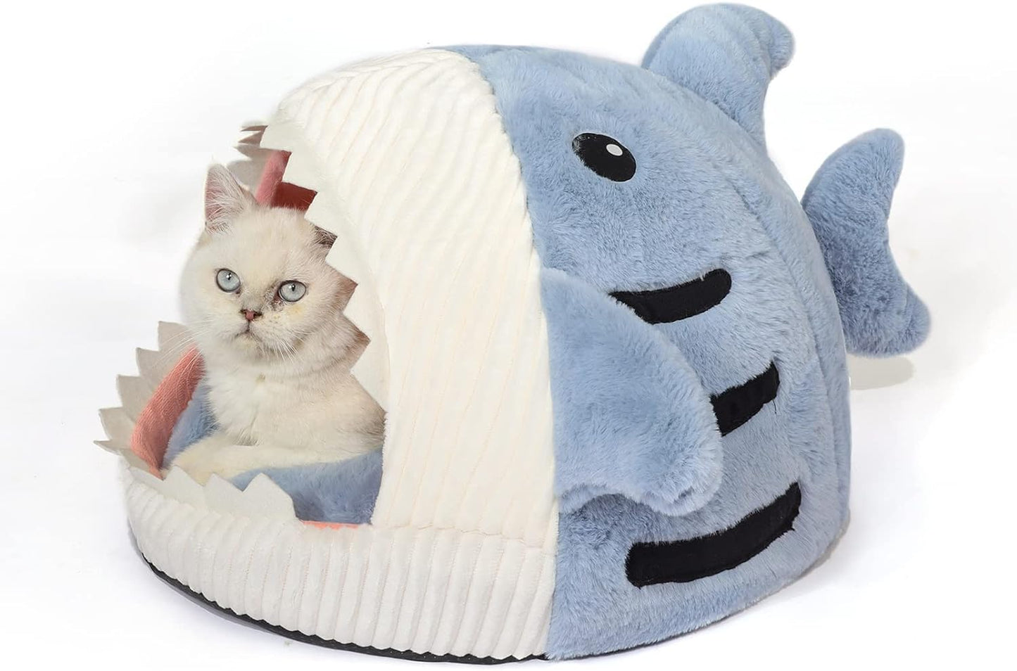 Cute Soft Cat Bed, Indoor Shark-Shaped Warm Cat Cave with Removable Washable Pillow for Cat, Gray, M.