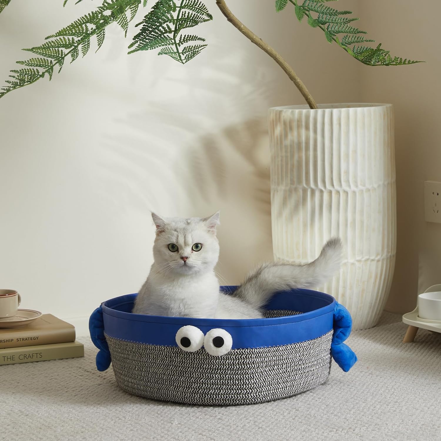 Blue Eye Cat Bed Round, Woven Cotton Rope Cat Beds for Indoor/Outdoor Use,Small Dog Bed with Washable Removable Cushion,Scratch Nest Basket Beds for Cats Kitties Puppy Pets,17Inch,Grey