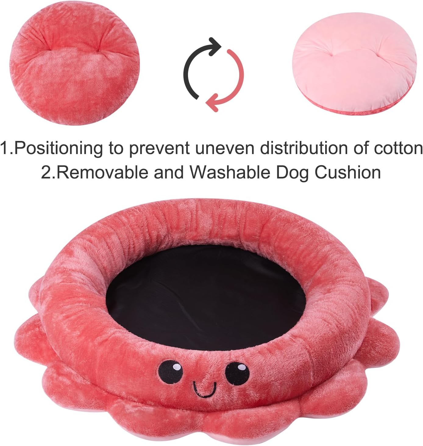 Cute Octopus Dog Bed with Smiling Face, Soft round Dog Bed with Removable Cushion, Cartoon Style and Smiling Face, Luxury, Soft, Comfy, Cozy, Fit Small to Large Dogs (Red)