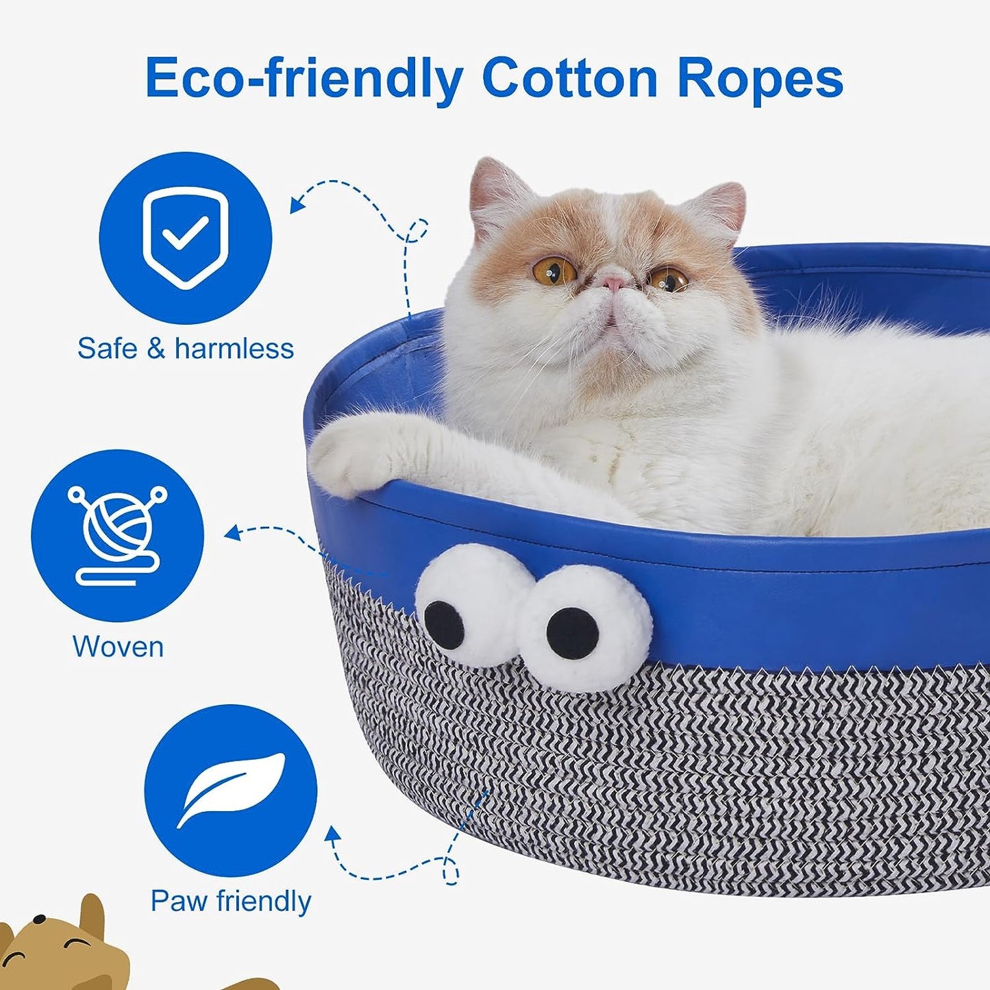 Blue Eye Cat Bed Round, Woven Cotton Rope Cat Beds for Indoor/Outdoor Use,Small Dog Bed with Washable Removable Cushion,Scratch Nest Basket Beds for Cats Kitties Puppy Pets,17Inch,Grey