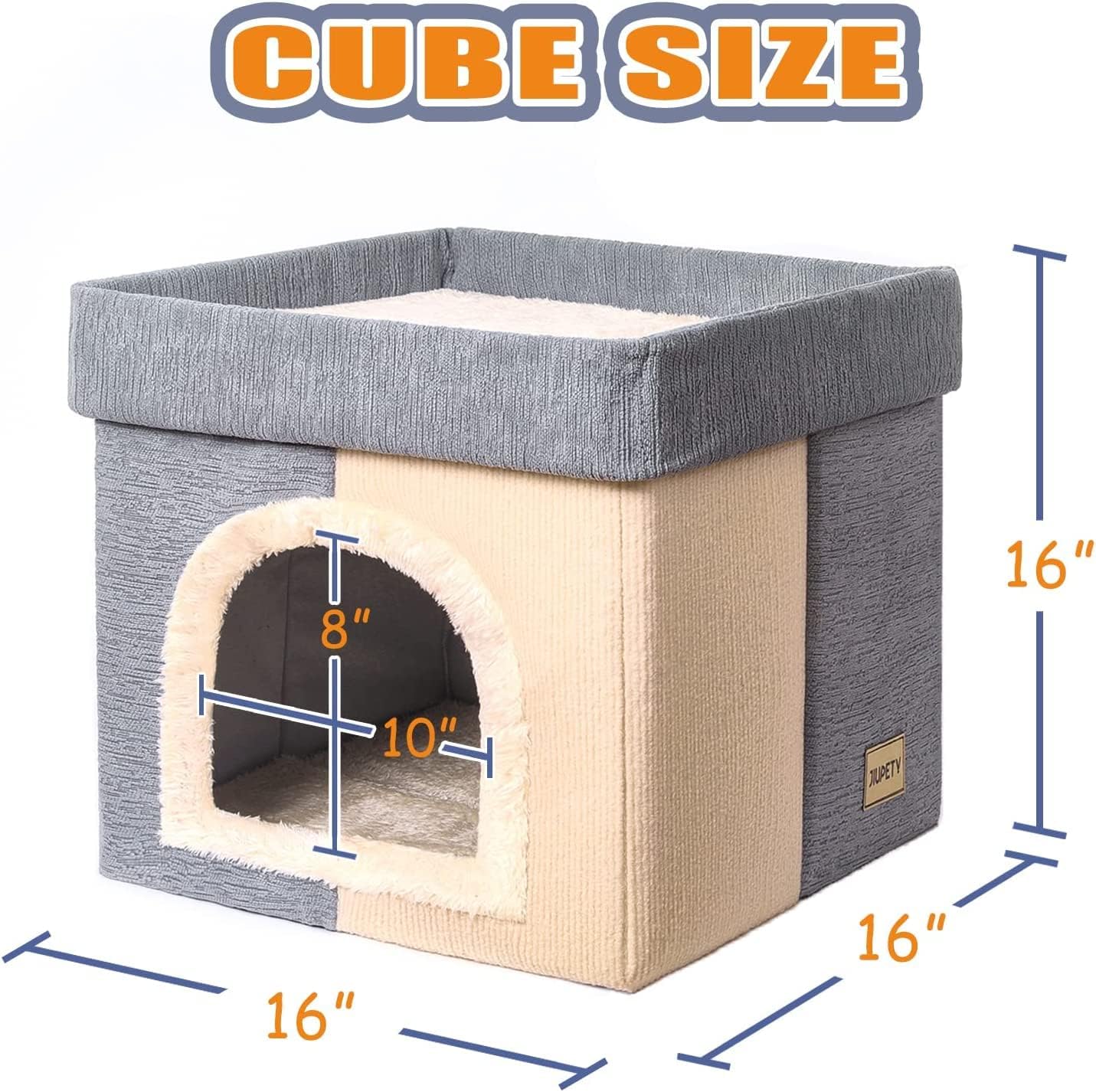 Cat Bed House | 2 in 1 Cat Houses for Indoor Cats | 16 Inch Cubic Large House | DIY | Multi-Colors (Sky Gray & White)