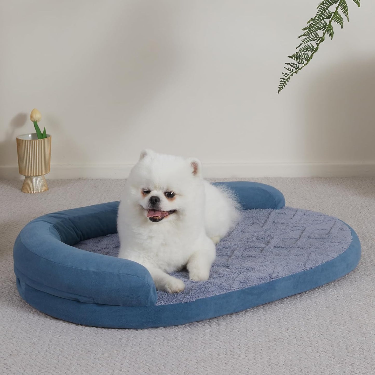 Dog Bed with Egg-Crate Foam, Waterproof Dog Bed with Half Oval Pillow, Easy to Enter and Exit, Excellent Cloth, High-Gain Egg-Crate Sponge, Luxury, Waterproof, Soft and Comfy (Blue)