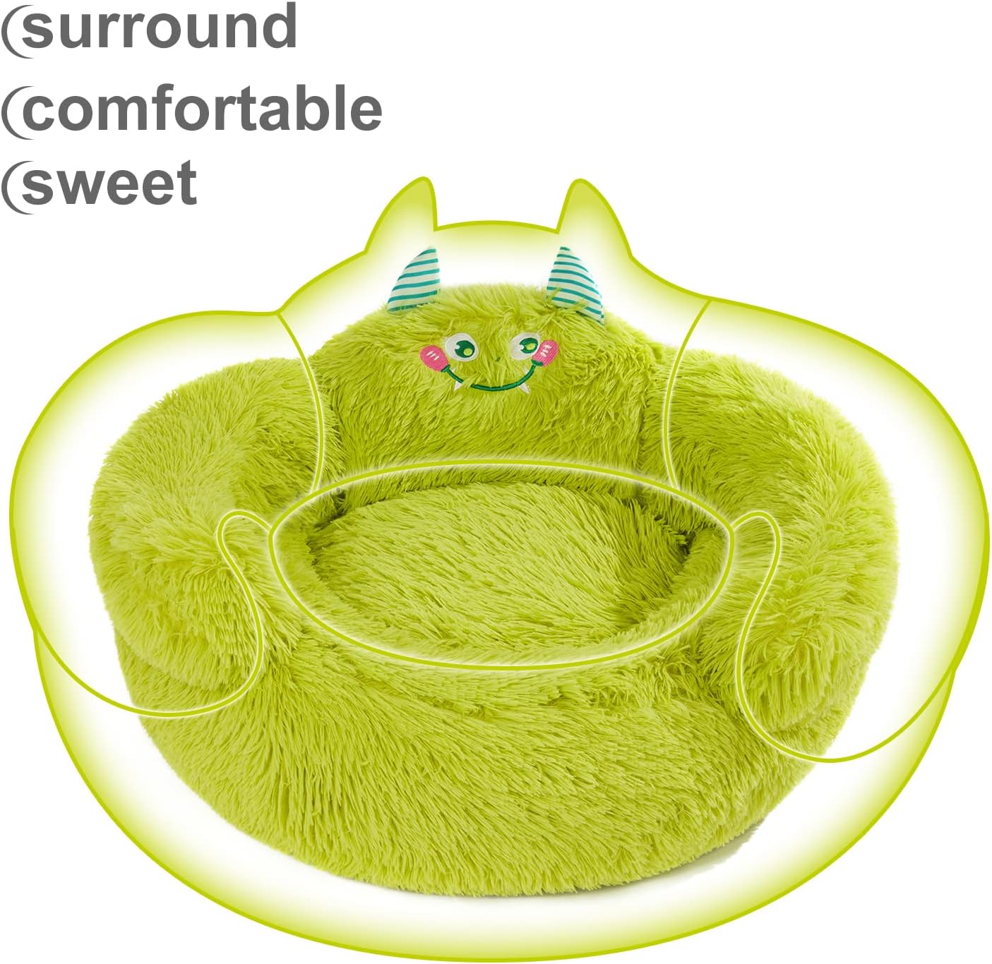 Cute Calming Dog and Cat Bed, Indoor High Bolster Donut Dog Beds, Comfortable Plush Cuddler Dog Bed, M(24"X24"X14") Size for Small Dogs and Cats, Cute Cartoon Soft Bed, Green.