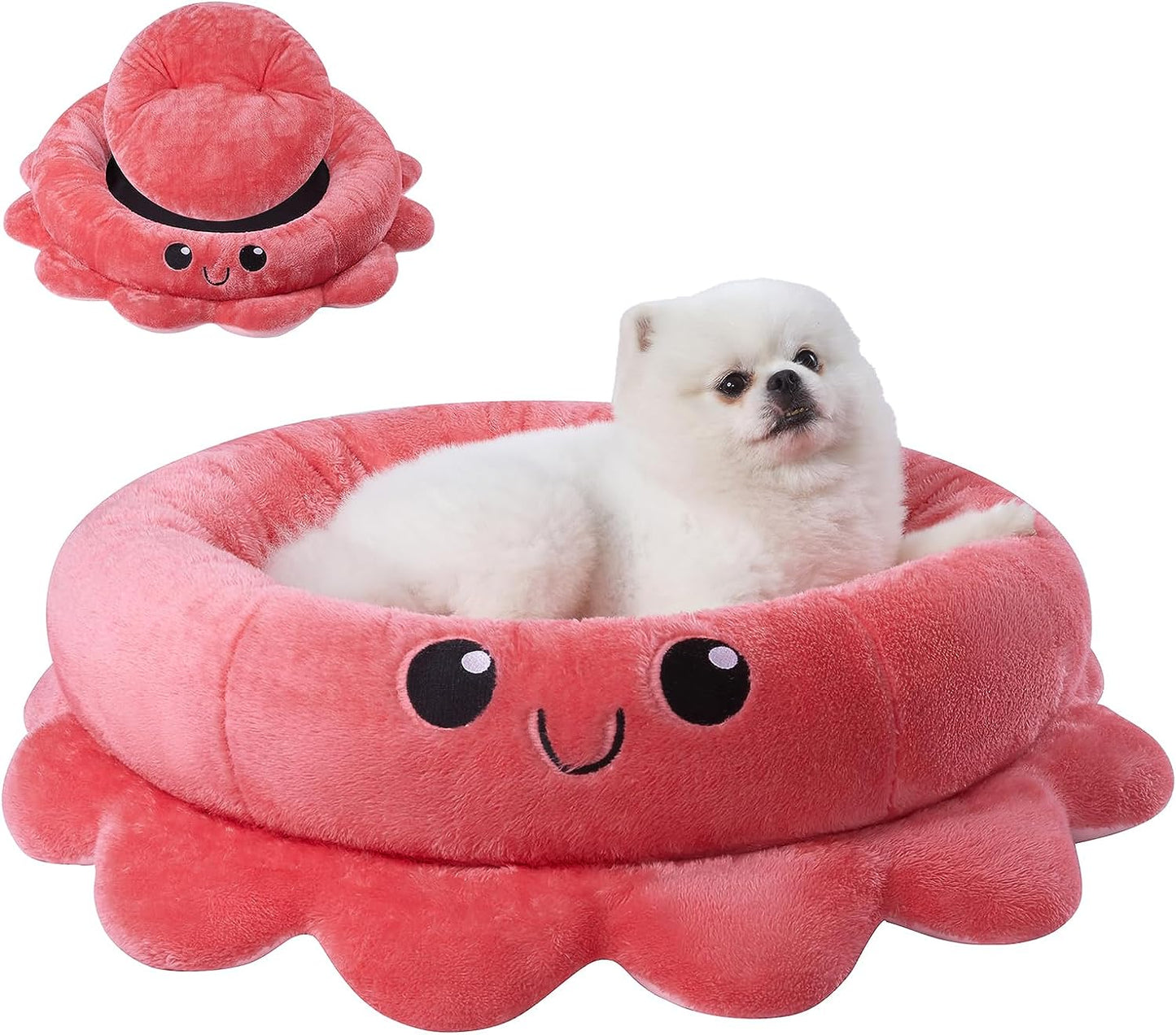 Cute Octopus Dog Bed with Smiling Face, Soft round Dog Bed with Removable Cushion, Cartoon Style and Smiling Face, Luxury, Soft, Comfy, Cozy, Fit Small to Large Dogs (Red)