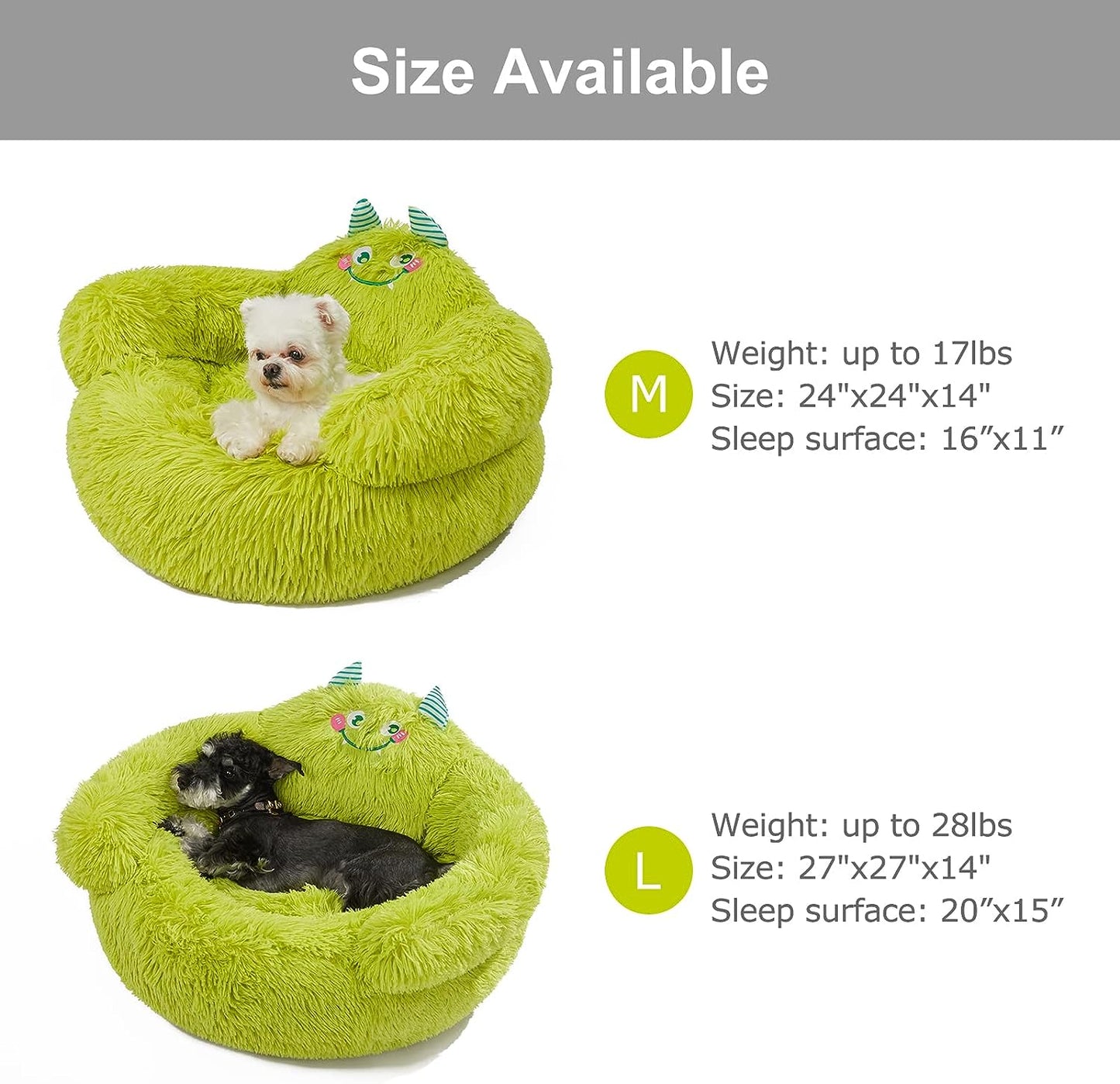 Cute Calming Dog and Cat Bed, Indoor High Bolster Donut Dog Beds, Comfortable Plush Cuddler Dog Bed, M(24"X24"X14") Size for Small Dogs and Cats, Cute Cartoon Soft Bed, Green.