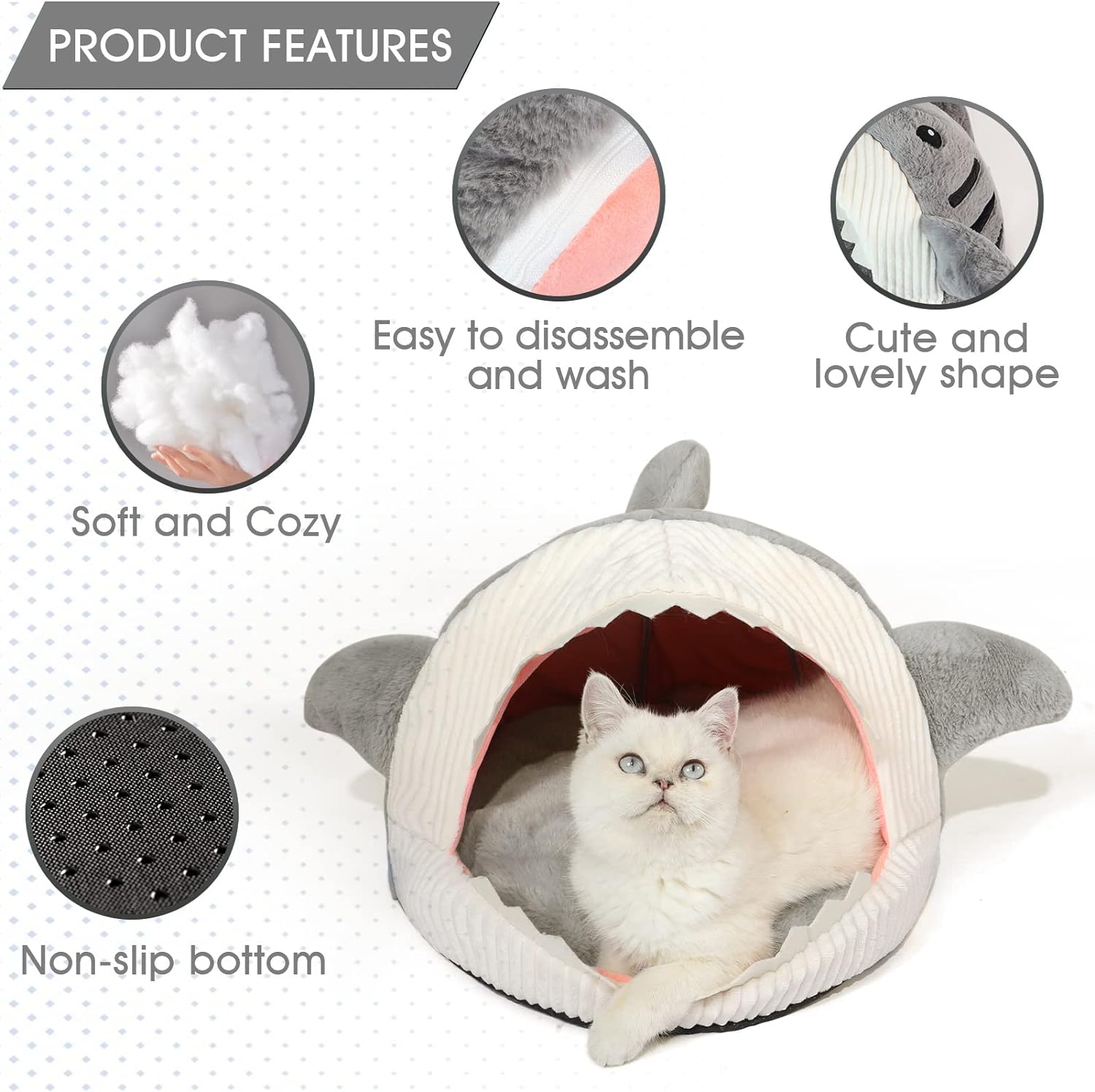 Cute Soft Cat Bed, Indoor Shark-Shaped Warm Cat Cave with Removable Washable Pillow for Cat, Gray, M.