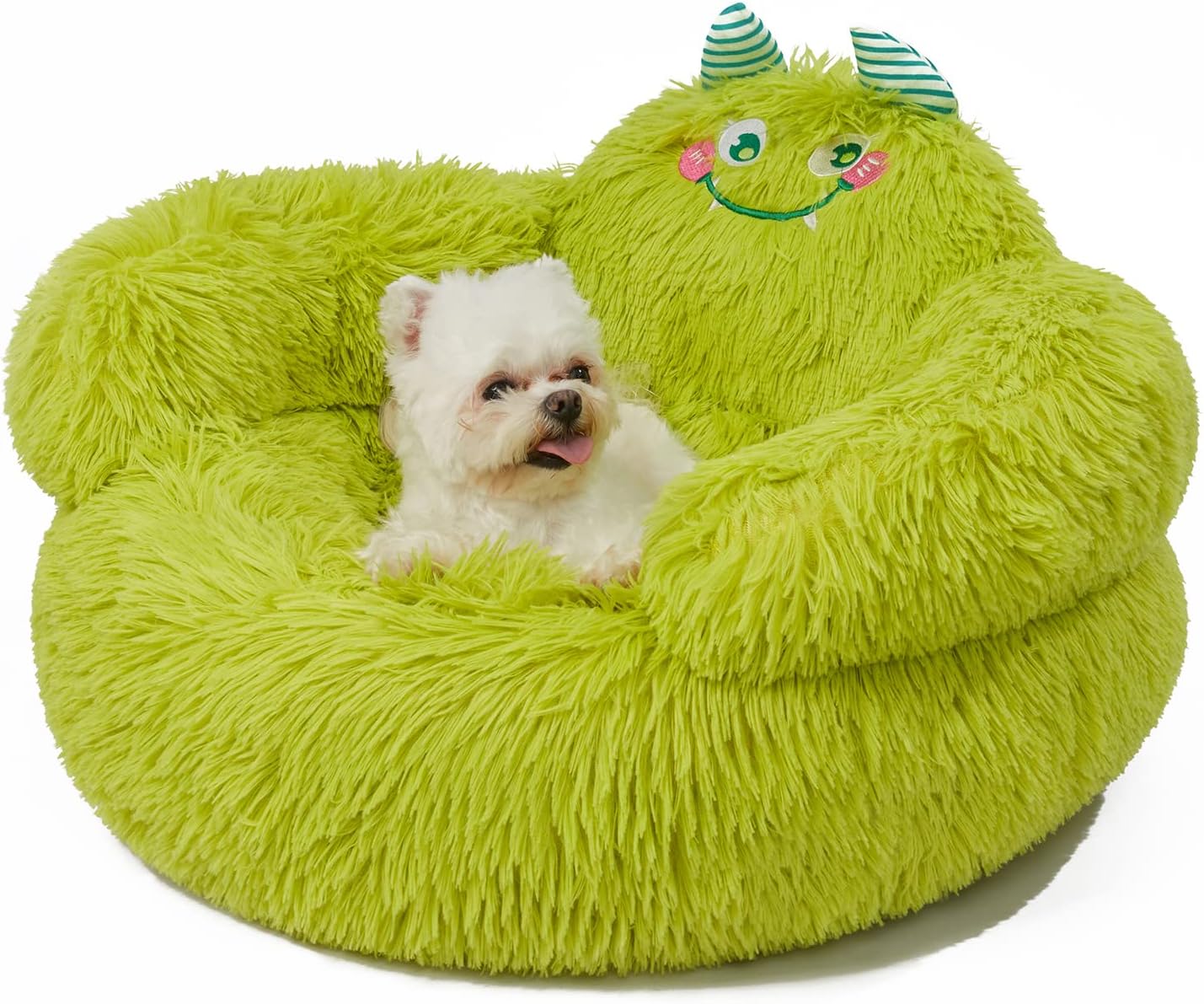 Cute Calming Dog and Cat Bed, Indoor High Bolster Donut Dog Beds, Comfortable Plush Cuddler Dog Bed, M(24"X24"X14") Size for Small Dogs and Cats, Cute Cartoon Soft Bed, Green.