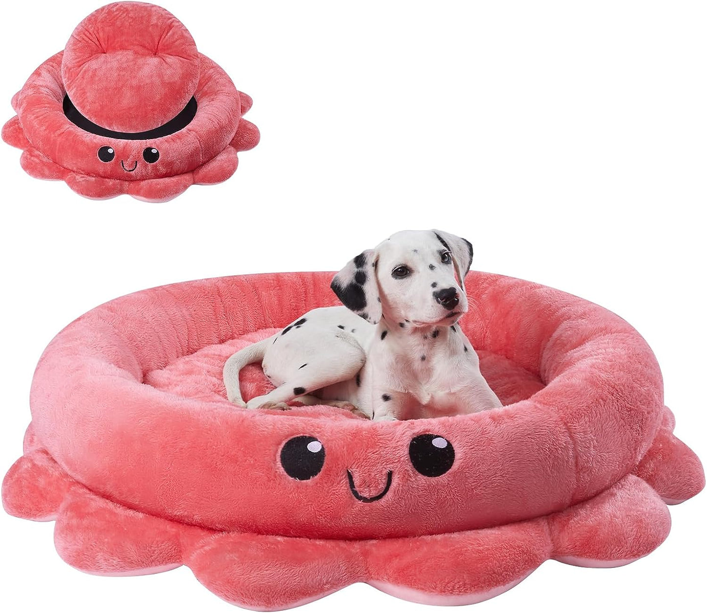 Cute Octopus Dog Bed with Smiling Face, Soft round Dog Bed with Removable Cushion, Cartoon Style and Smiling Face, Luxury, Soft, Comfy, Cozy, Fit Small to Large Dogs (Red)