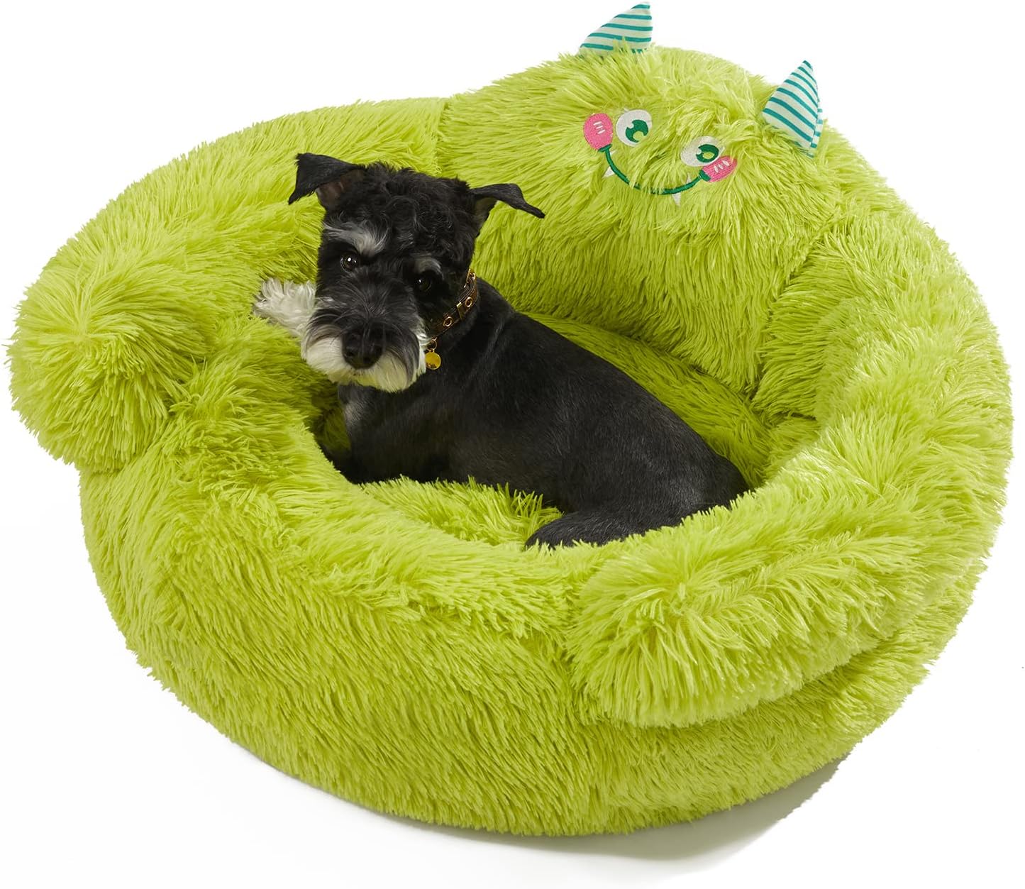 Cute Calming Dog and Cat Bed, Indoor High Bolster Donut Dog Beds, Comfortable Plush Cuddler Dog Bed, M(24"X24"X14") Size for Small Dogs and Cats, Cute Cartoon Soft Bed, Green.