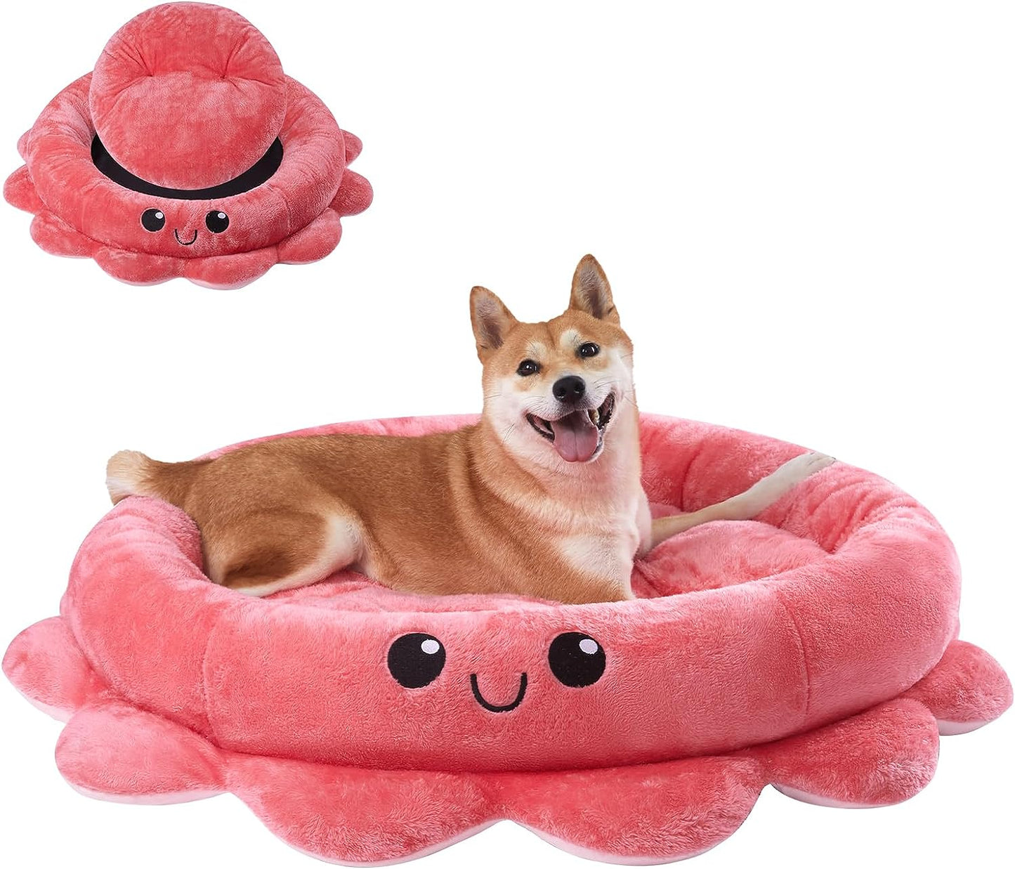 Cute Octopus Dog Bed with Smiling Face, Soft round Dog Bed with Removable Cushion, Cartoon Style and Smiling Face, Luxury, Soft, Comfy, Cozy, Fit Small to Large Dogs (Red)