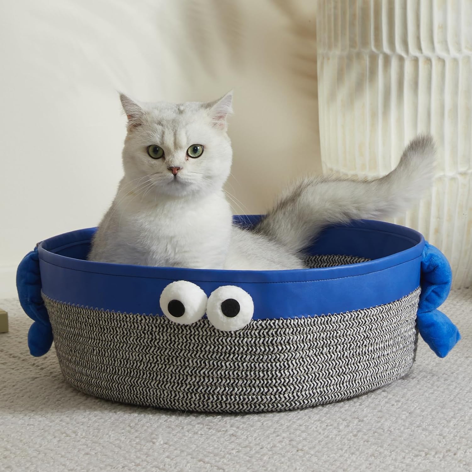 Blue Eye Cat Bed Round, Woven Cotton Rope Cat Beds for Indoor/Outdoor Use,Small Dog Bed with Washable Removable Cushion,Scratch Nest Basket Beds for Cats Kitties Puppy Pets,17Inch,Grey