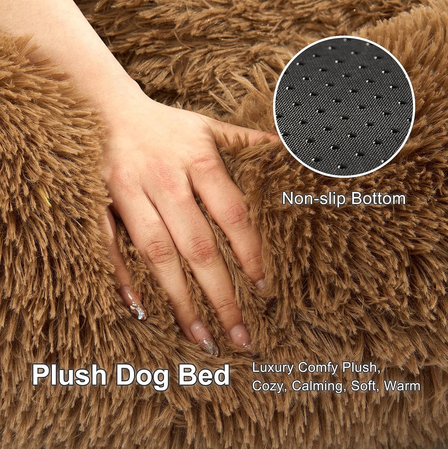 Brown Small Dog Bed, round Calming Donut Dog Bed, Flush and Fluffy Dog Bed, Comfy and Cozy Dog Bed, M Size (22"X22") Dog Bed with Non-Slip Bottom Dog Bed