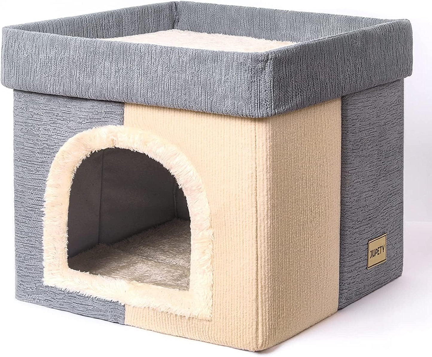 Cat Bed House | 2 in 1 Cat Houses for Indoor Cats | 16 Inch Cubic Large House | DIY | Multi-Colors (Sky Gray & White)