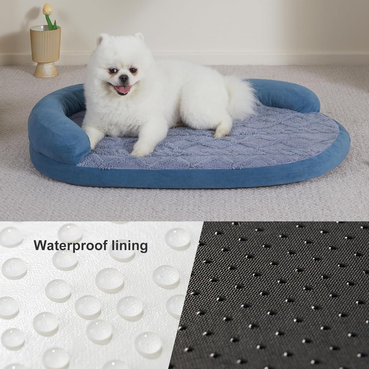 Dog Bed with Egg-Crate Foam, Waterproof Dog Bed with Half Oval Pillow, Easy to Enter and Exit, Excellent Cloth, High-Gain Egg-Crate Sponge, Luxury, Waterproof, Soft and Comfy (Blue)