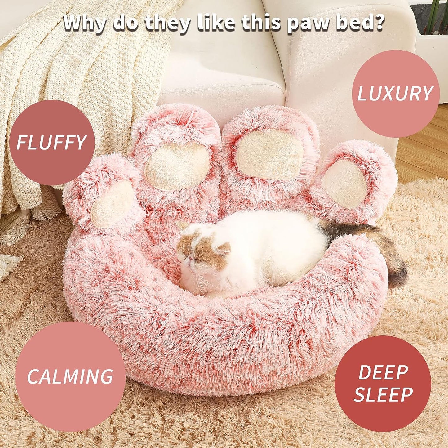 Pet round Bed of Paw Shape, Calming Donut Dog Bed for Small Dog, Faux Fur Cat Bed for Cat, Comfortable and Soft, Machine Washable, Medium Size (22"×22"×6"), Pink