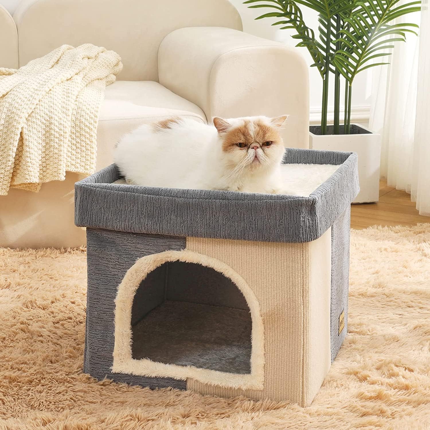 Cat Bed House | 2 in 1 Cat Houses for Indoor Cats | 16 Inch Cubic Large House | DIY | Multi-Colors (Sky Gray & White)