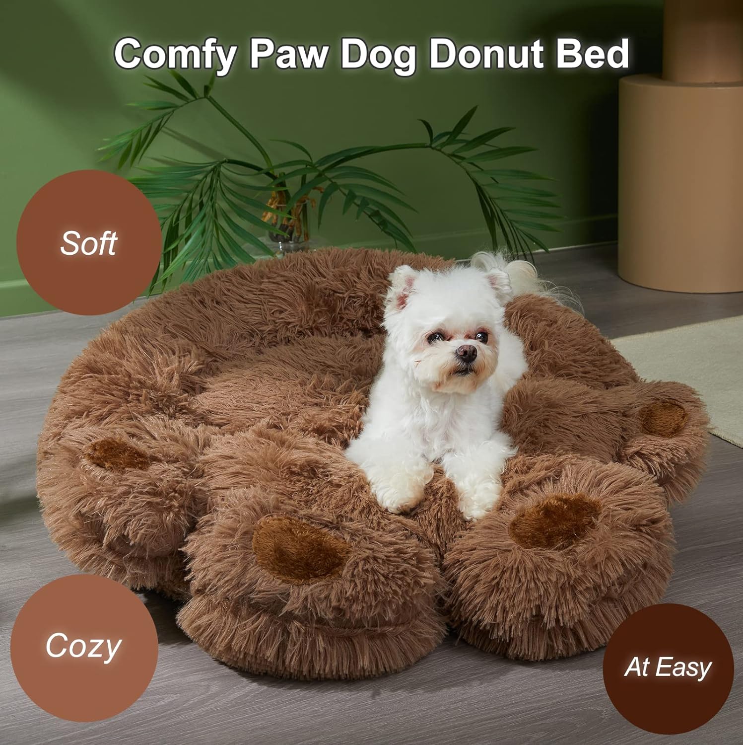 Brown Small Dog Bed, round Calming Donut Dog Bed, Flush and Fluffy Dog Bed, Comfy and Cozy Dog Bed, M Size (22"X22") Dog Bed with Non-Slip Bottom Dog Bed