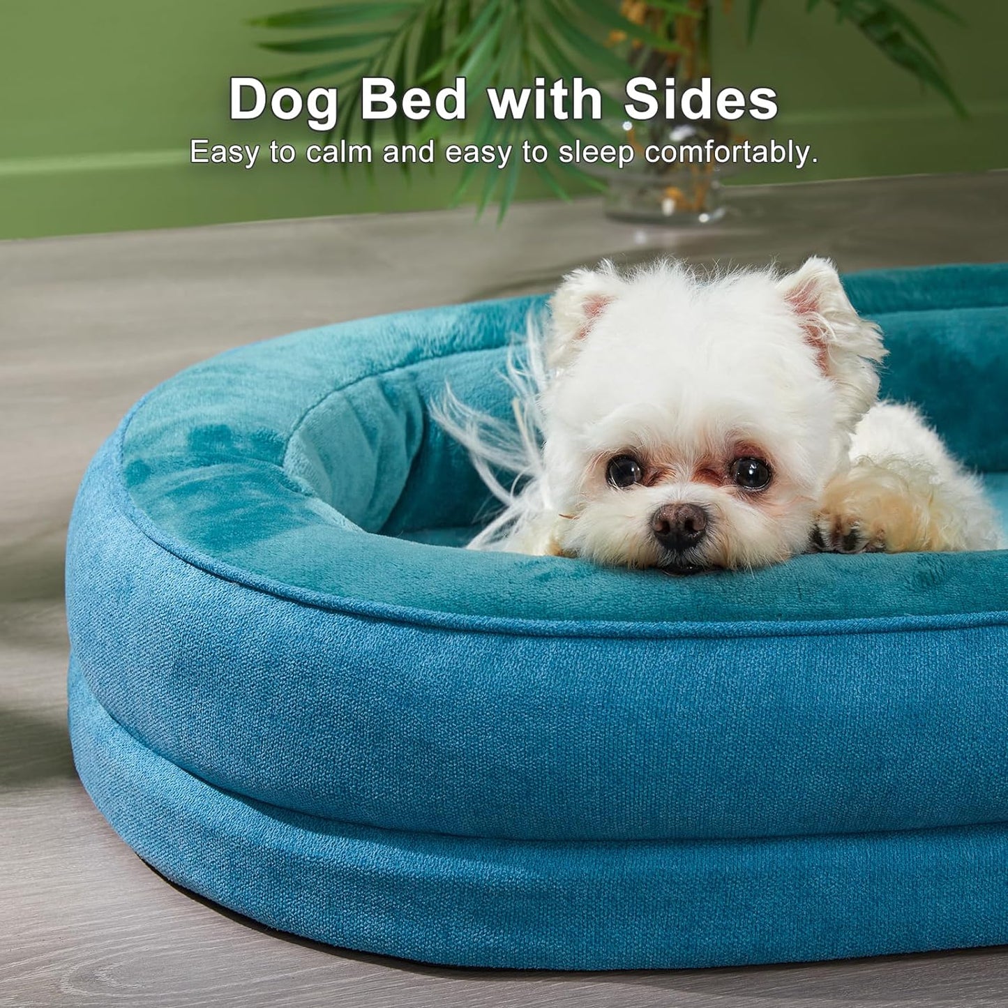 round Dog Bed with Sides, Soft round Dog Bed with Waterproof Lining, Foam Dog Bed with Bolster, Luxury, Washable, Cozy, Comfy (Blue)