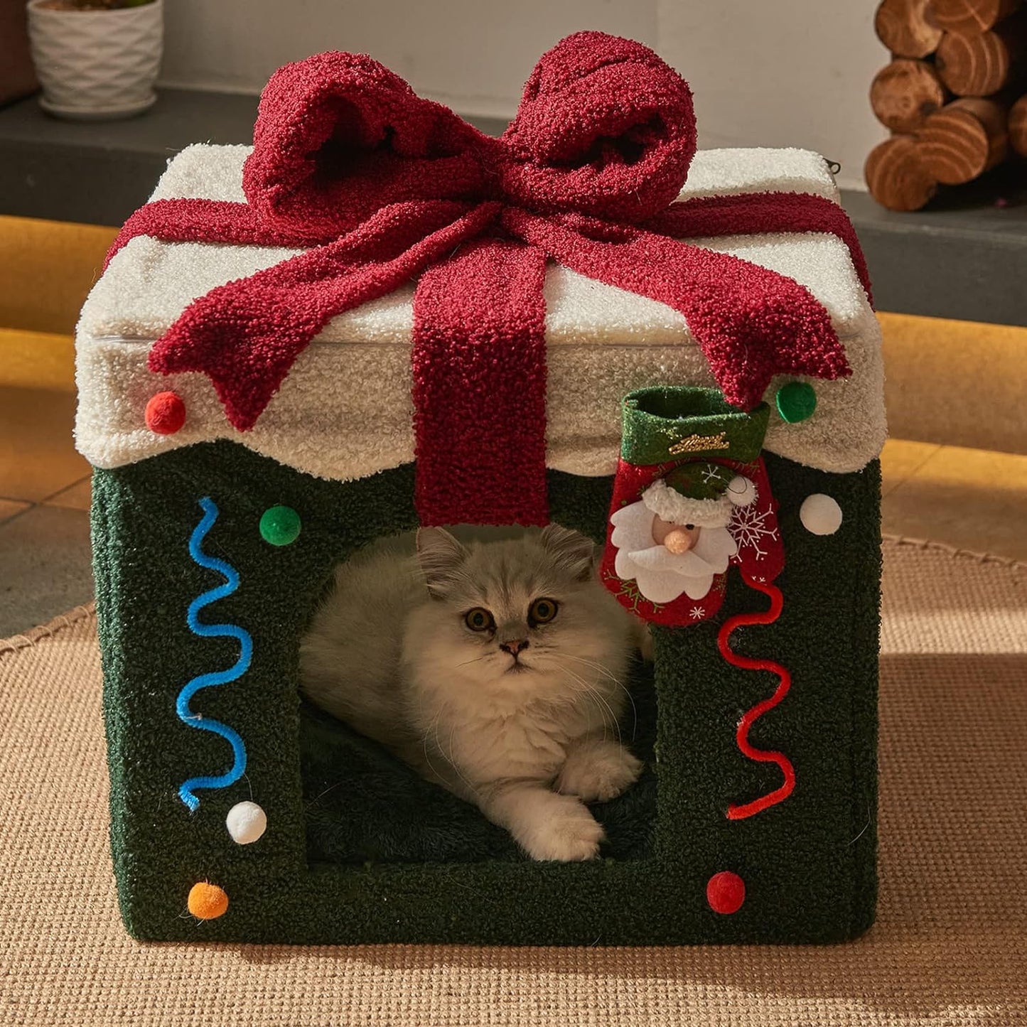 Christmas Cat House, Indoor Cat Bed, M(13.8"X13.8"X12.6") Size Cube for Kitten and Small Cat, Removeable Cat Cave with Non-Slip Bottom, for Cat.